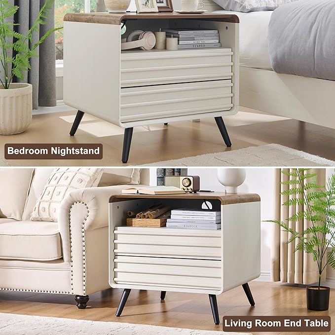RedLemon 24" Nightstand with Charger Station, Mid Century Modern Fluted End Table with 2 Drawers, Wooden Side Table with Open Cubby Storage for Living Room, Bedroom, Office (Antuique White)