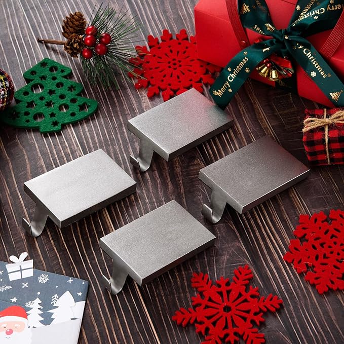 2 Pcs Christmas Stocking Holders Hanging Hooks Heavy Duty Mantel Stocking Holder Bases Weighted Metal Stocking Hangers for Shelf Fireplace Stair Xmas Party Decor (2, Silver)