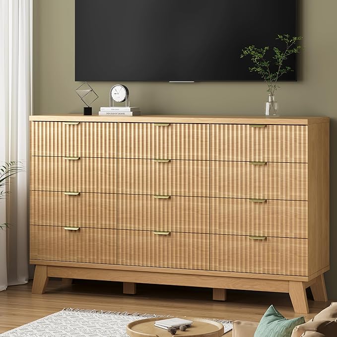 Fluted Dresser for Bedroom with 12 Drawers, 57" Wide Modern Chest of Drawers with Metal Handle, Wooden Dresser TV Stand, Wood Closet Clothes Storage Organizer for Living Room, Hallway, Natural Oak