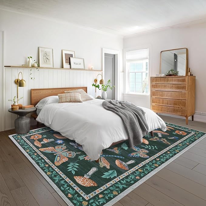 Washable Rug 5x7 Area Rugs for Living Room, Mushroom Insect Rug for Bedroom, 5x7 Rug Non Slip Throw Rugs with Rubber Back, Low Pile Stain Resistant Modern Carpet for Dining Room Dorm,Black