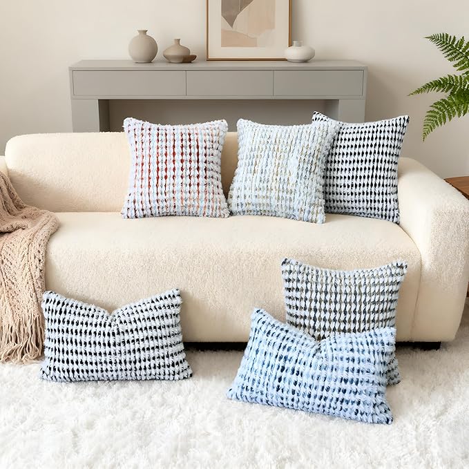 Boho Chenille Tufted Pillow Cover 24x24 Inch Set of 1, Farmhouse Striped Decorative Pillow Covers Accent Fluffy Neutral Square Pillowcases for Couch Sofa Bedroom Living Room, Black White