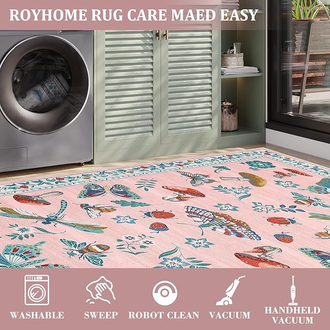 Mushroom Insect Washable Rug 5x7 Area Rugs for Bedroom Non Slip with Rubber Back Low Pile Stain Resistant Butterfly Carpet for Living Room Nursery Kitchen Dining Room Khaki Pink