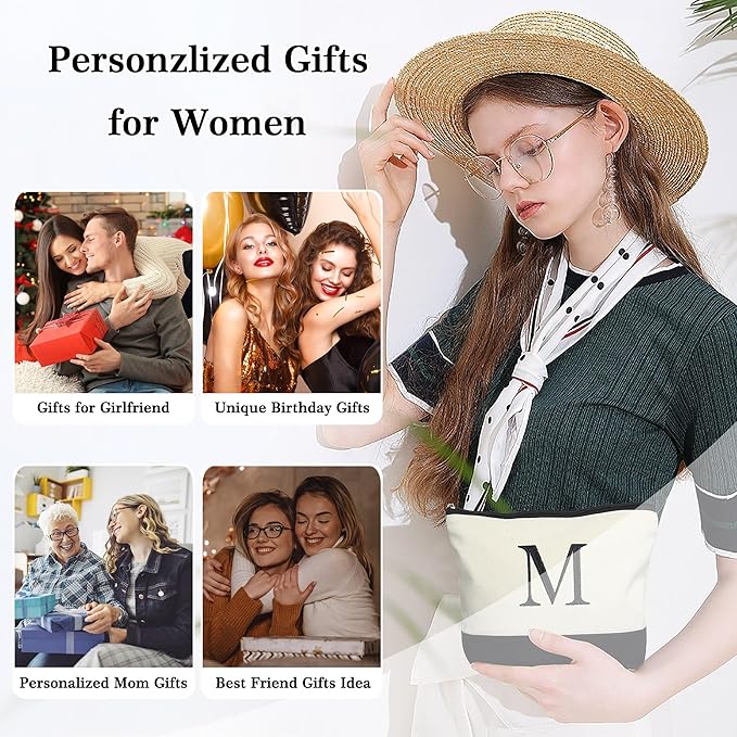 YOOLIFE Christmas Gifts for Women - Initial Canvas Tote Bag & Makeup Bag, Birthday Gifts for Women Mom Sister Friends