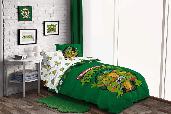 Jay Franco Nickelodeon Teenage Mutant Ninja Turtles Green Bricks 7 Piece Bed Set-Includes Reversible Comforter & Sheet Set Bedding-Super Soft Fade Resistant Microfiber Official Nickelodeon Product