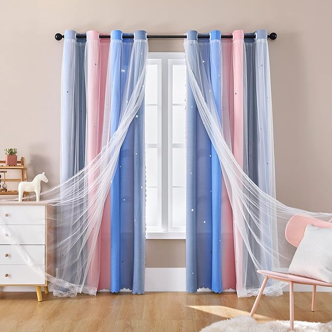 XiDi Curtains for Bedroom Decor, Rainbow PinkGreyBlue-34-45