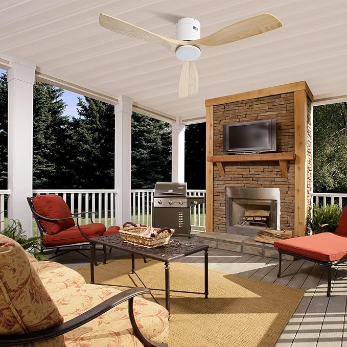 Sofucor 52 Inch Solid Wood Low Profile Flush Mount Ceiling Fan No Light, Outdoor Modern Ceiling Fan without Light 6-Speed, 3-Timer, Reversible DC Motor for Living Room Bedroom