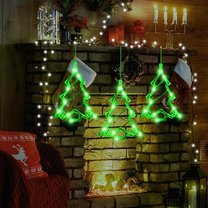 3Pcs Battery Powered LED Christmas Tree Shaped Window Lights - Green Sucker Lamps for Xmas Decor Indoors and Outdoors