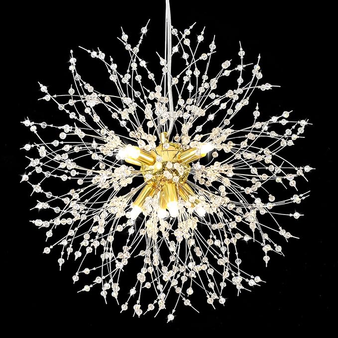 Qamra Modern Gold Crystal Chandeliers, Firework Dandelion Sputnik Chandelier Light Fixture Pendant Lighting for Living Room, Dining Room, Bedroom, Kitchen(8-Light, Gold)