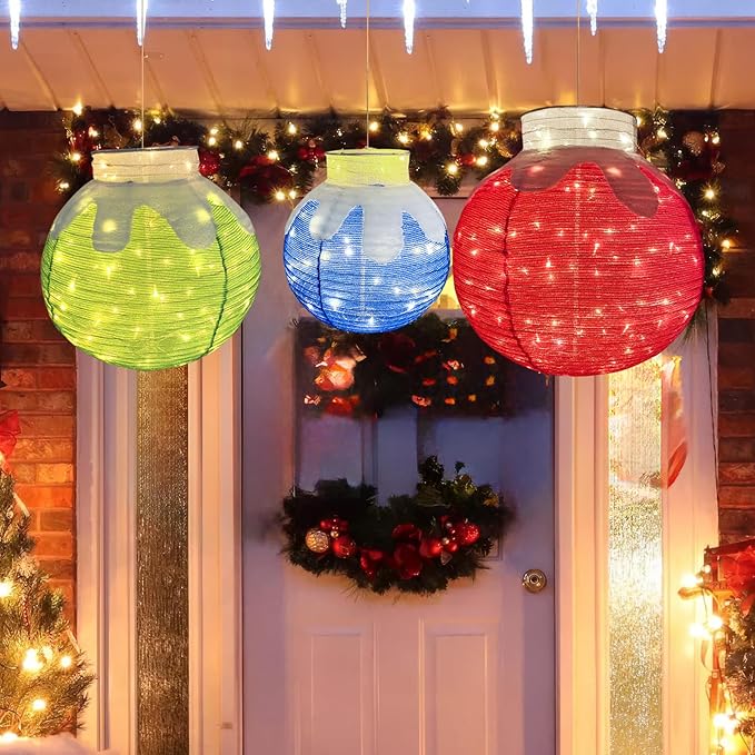 240 LED Light Up Pop-Up Christmas Ball Decorations, Lighted Foldable Waterproof Safe Material Flocked Hanging Ball with Base Stakes/Zip Ties for Indoor Outdoor Christmas Home Decor, Plug and Play