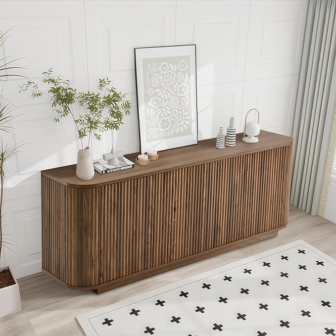 64" Buffet Sideboard Cabinet with Storage, Modern Fluted Accent Credenza with Adjustable Shelves, Wood Coffee Bar Console Table for Living Room Kitchen Dining Room Hallway, 24" H, Walnut