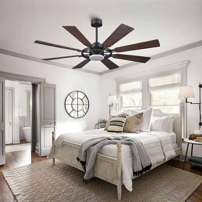 ELEHINSER 60 Inch Ceiling Fan with Lights and Remote Control, 8 Plywood Blades, 6-Speed Noiseless Reversible DC Motor, 3CCT, Windmill Ceiling fan for Kitchen Bedroom Living Room, Black and Walnut