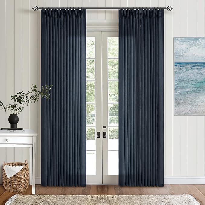 80 Inch Pinch Pleated Linen Curtains 2 Panels Set for Living Room Bedroom Boho Farmhouse Light Filter Navy Blue Indigo Semi Sheer Back Tab Pinch Pleat with Hooks Rings Window Curtain 80 Inches Long