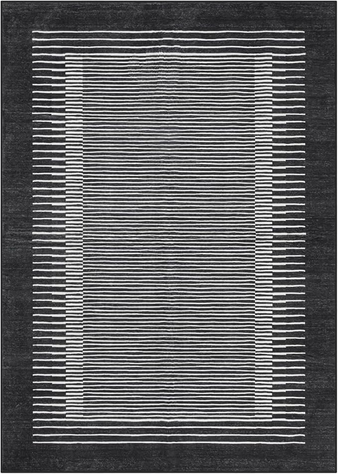Morebes Modern Washable 5x7 Rug for Living Room, Geometric Striped Bedroom Rug Non Slip Office Rug, Stain-Resistant Low Pile Soft Indoor Floor Carpet for Dining Room Playroom, Black