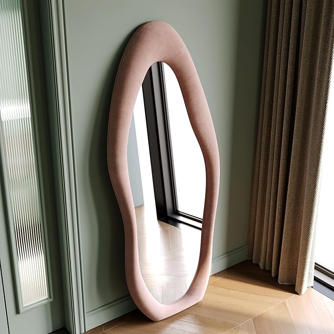 Honyee Full Length Mirror, 63" x 24" Wall Mirror, Flannel Wrapped Wooden Frame Full Body Mirror, Irregular Wavy Mirror Hanging or Leaning Against Wall for Cloakroom/Bedroom/Living Room, Pink