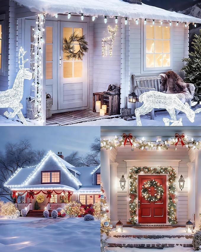 2-Set C7 LED Christmas String Lights, 25.16FT 50 LED Connectable Outdoor Indoor Decorative Light Strand, Cool White Xmas Holiday Lights for House, Christmas Tree, Patio, Party Decoration, UL Listed