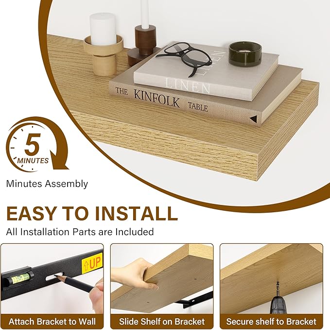 Floating Shelves for Wall, 27.5 Inch Bathroom Shelves Set of 2, Rustic Wood Wall Shelf with Invisible Brackets for Books|Storage|Decor, 8 Inch Deep Floating Shelf for Bedroom|Kitchen, Oak