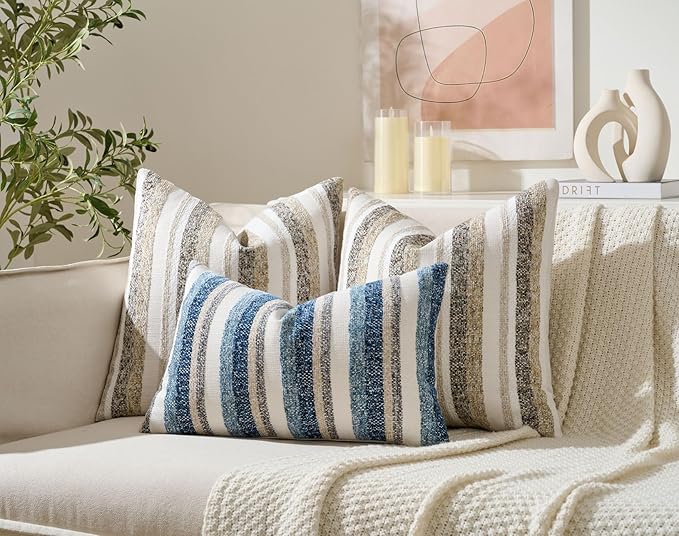 Zealax Modern Farmhouse Decorative Pillow Covers 20x20 Inch Boho Throw Pillows Neutral Soft Chenille Couch Cushion Covers, Set of 2 Velvet Striped Accent Pillows Cases for Sofa Bed Living Room, Blue