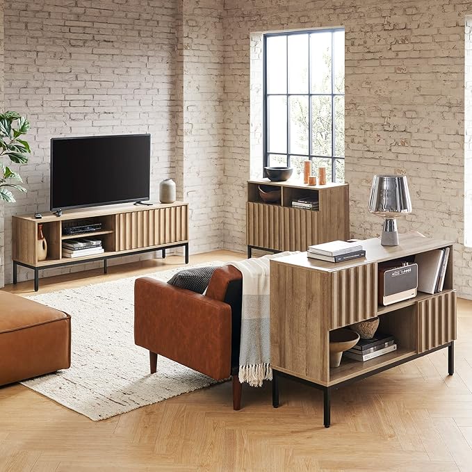 mopio Norwin 4 Piece Entertainment Center with Storage, 70" TV Stand, Industrial Modern Television Accent Cabinet, Oak Wood Media Console Table with 3-Tier Shelf Bookcase (3-Tier Display Set)