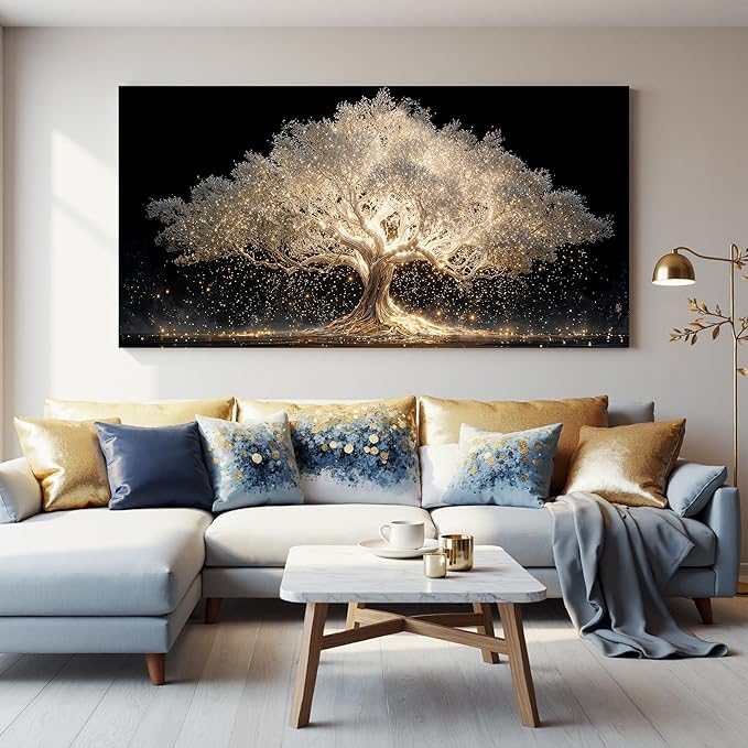 Canvas Wall Art Decor Large Gold Fantasy Tree Of Life Wall Canvas Art For Living Room Pictures Art Decor Artwork White Modern Aesthetics Prints For Home Bedroom Office Room Wall Decor 24×48 Inch