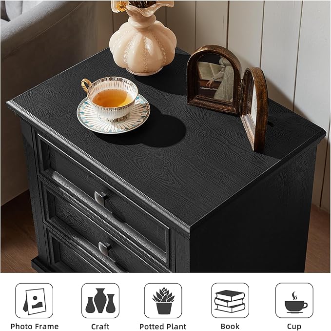 Farmhouse Nightstand with 3 Drawers, Rustic Couch End Table with 4 Square Solid Wood Legs, Mid-Century Modern Bed Side Table with Storage, Small Dresser for Bedroom, Living Room, Black