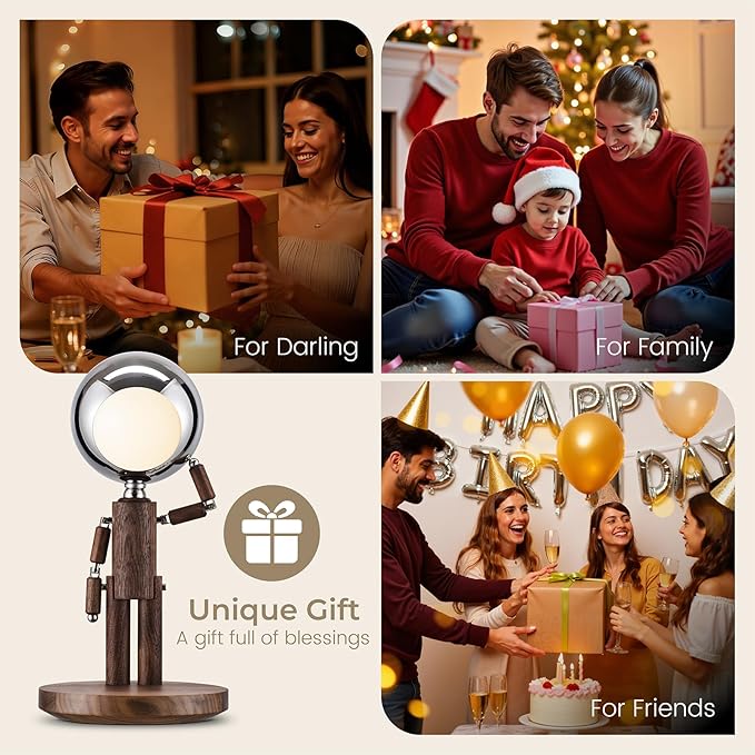 Cordless Table Lamp, Rechargeable Wooden Table Lamp with Touch Control & Adjustable Brightness, Cordless Decorative Bedside Lamp for Bedroom, Home Decor & Unique Gifts, Black Walnut