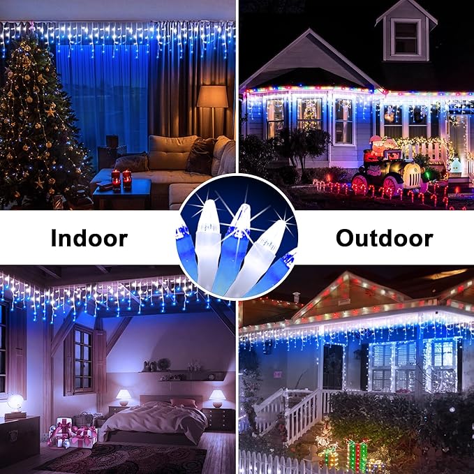 132FT 1332 LED Outdoor Christmas Lights - 296 Ice Drops, 12 Pro Modes with Timer Memory & Brightness, Waterproof Hanging Ice String Light for Holiday Wedding Garden Fence House Decor (White & Blue)