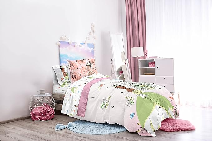 Jay Franco The Princess and The Frog Beauty & Grace 5 Piece Twin Size Bed Set - Includes Comforter & Sheet Set Featuring Tiana - Super Soft Bedding Fade Resistant Microfiber (Official Product)