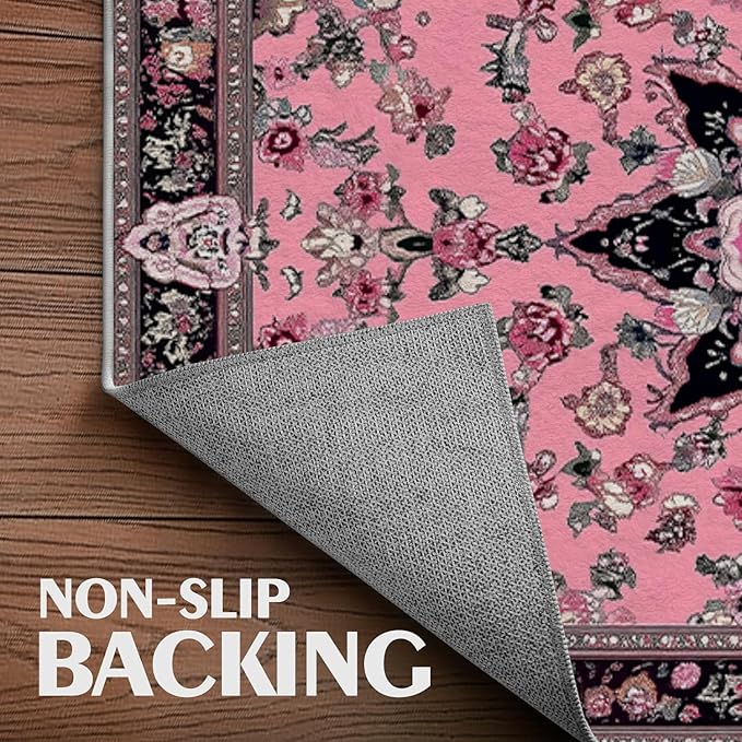 Bathroom Rug 3x5 Entryway Oriental Boho Modern Mat Pink Vintage Area Rug Machine Washable Soft Rug Carpet Non Slip Low Pile Area Rug for Entrance Beside Living Room Bedroom Kitchen Office Indoor