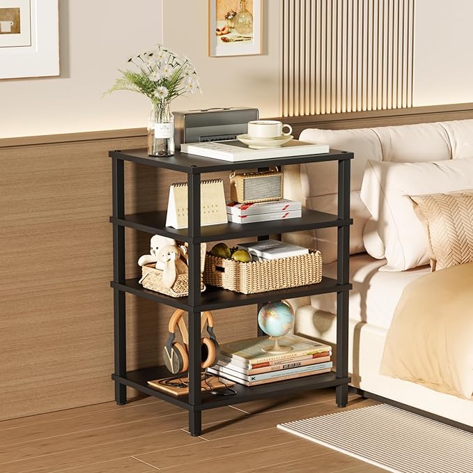 4-Tier AV Media Player Stand, Black Stereo Cabinet, Modern Stereo Cabinet, Wooden TV Stand,Game Console Shelf, Multifunctional Entertainment Center, Suitable for Home, Conference Room, Game Studio