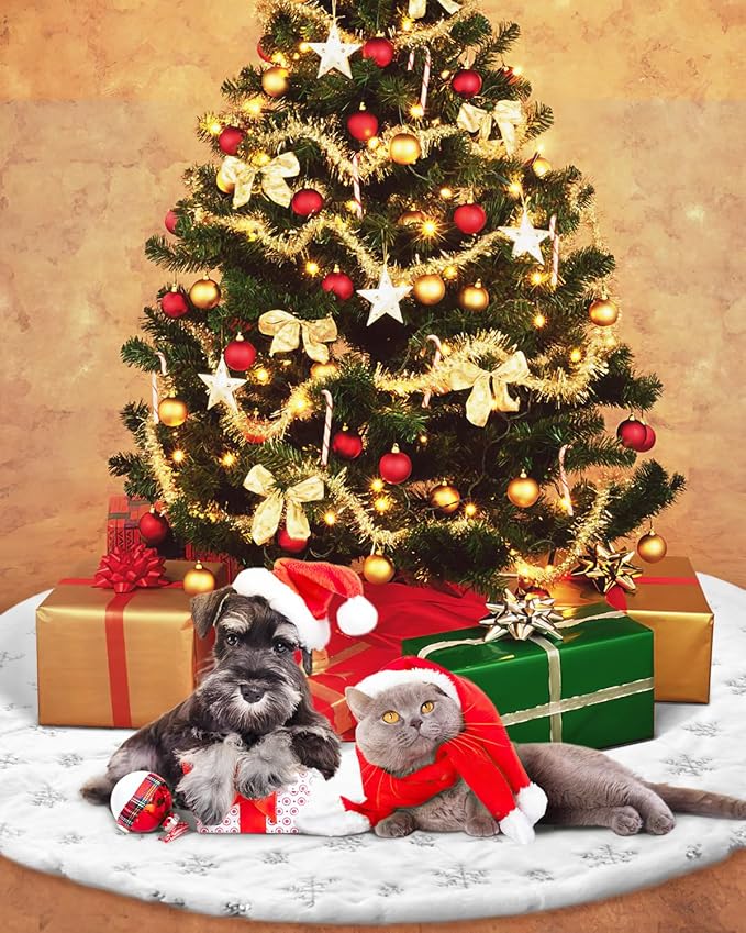 COOLWUFAN 48 Inches Faux Fur Christmas Tree Skirt for Xmas Tree Holiday Party Decorations White Plush Silver Sequin Snowflake (Silver)