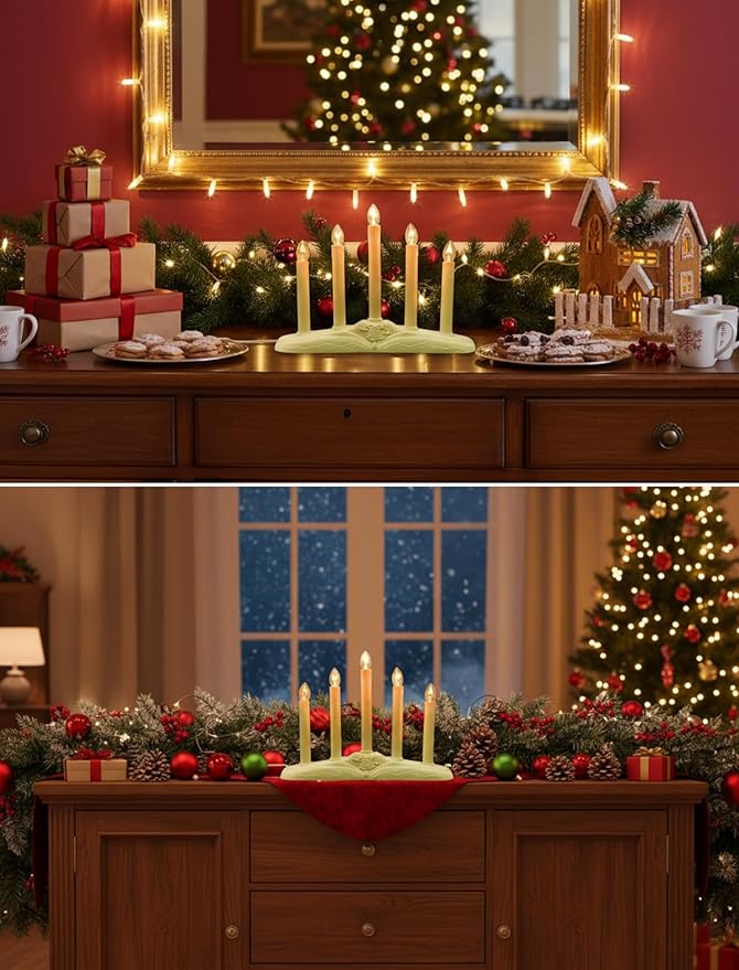 Window Candles for Christmas, Battery Operated or Electric LED Flameless Taper Candlesticks with Timer and Sensor for Holiday Home Window Decoration, Ivory Base, 5-Light Set