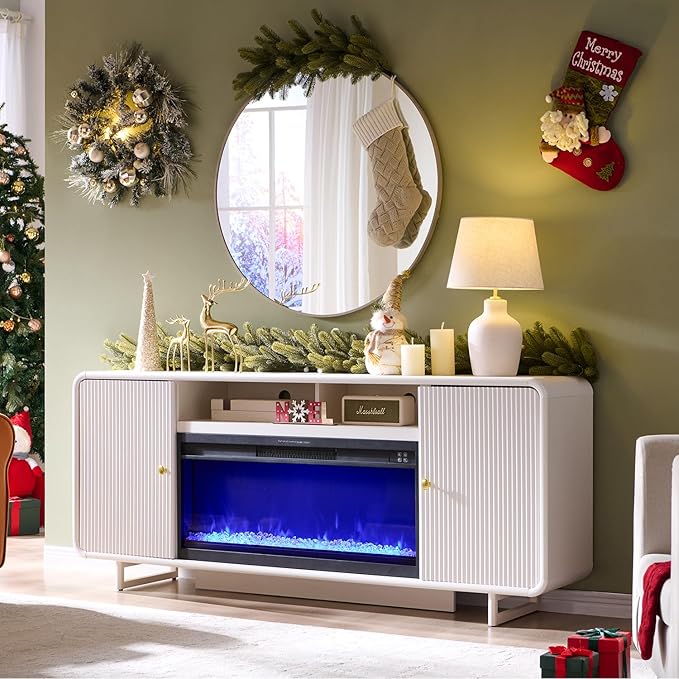 70" Fluted Fireplace TV Stand for 80 Inch TV, Modern Entertainment Center w/36'' Electric Fireplace, Wood Media Console w/Curved Profile Design and Adjustable Shelves for Living Room, White