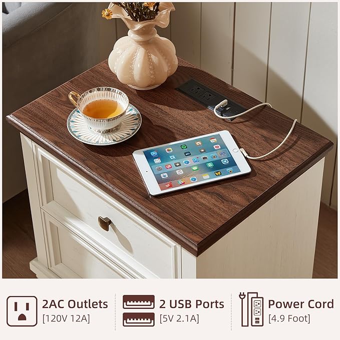 Farmhouse Nightstand Set of 2, Rustic Low Nightstands with 2 Drawers & Charging Station, Vintage Night Stands with 4 Square Solid Wood Legs, Small Dresser for Bedroom, Home, White