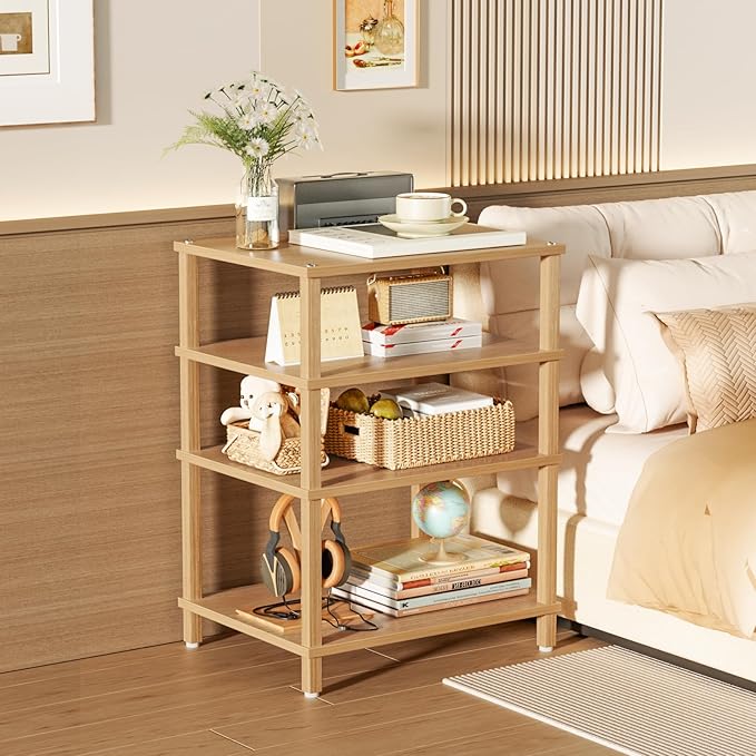 LELELINKY 4-Tier AV Media Player Stand Set of 2, Natural Stereo Cabinet, Wooden TV Stand,Game Console Shelf, Multifunctional Entertainment Center, Suitable for Home, Conference Room, Game Studio