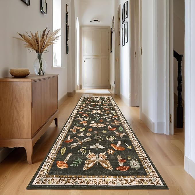 2.5x8 Runner Rug for Hallway Washable Kitchen Rugs Non Slip with Rubber Back Mushroom Soft Low-Pile Stain Resistant Foldable Indoor Carpet for Entryway Laundry Room Floor Mats Brown