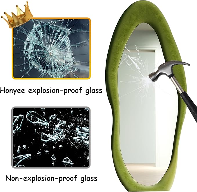 Honyee Full Length Mirror, 63" x 24" Wall Mirror, Flannel Wrapped Wooden Frame Floor Mirror, Irregular Wavy Mirror Hanging or Leaning Against Wall for Cloakroom/Bedroom/Living Room, Green