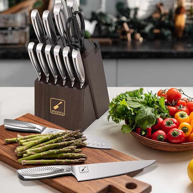 imarku® Knife Set, 15-Pieces HC Stainless Steel Kitchen Knife Set With Built in Knife Sharpener, Razor-Sharp Blade Knife Block Set With Non-Slip Handle, Dishwasher Safe, Best Birthday Gifts