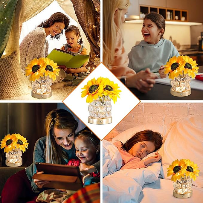 Birthday Gifts for Women,Sunflower Flower Touch Lamp,Rechargeable Cordless 3-Colour Dimming Small Night Light for Festival,Restaurant,Bedroom Housewarming Gifts for Mom
