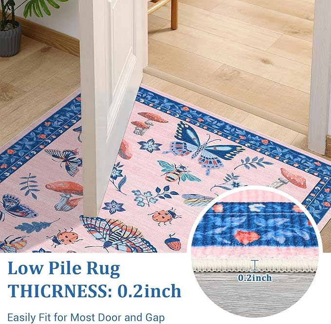 Mushroom Insect 2x6 Runner Rug for Hallway Washable Kitchen Rugs Non Slip with Rubber Back Blue Pink Low-Pile Stain Resistant Indoor Carpet for Entryway Bathroom Laundry Dorm