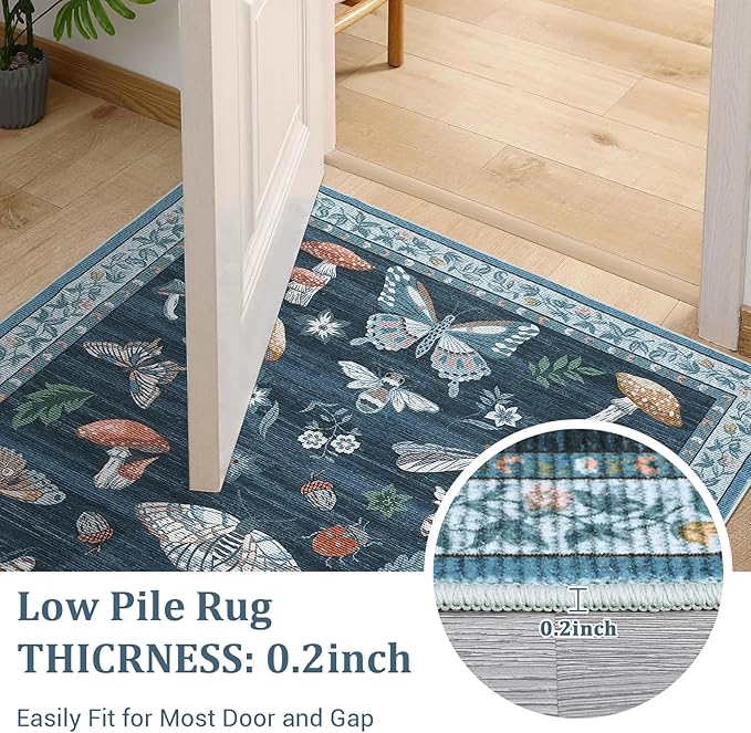 Mushroom 3x5 Washable Rug Non-Slip Small Indoor Rugs for Entryway with Rubber Back Soft Low-Pile Stain Resistant Foldable Carpet for Kitchen Bedroom Living Room Mat Blue