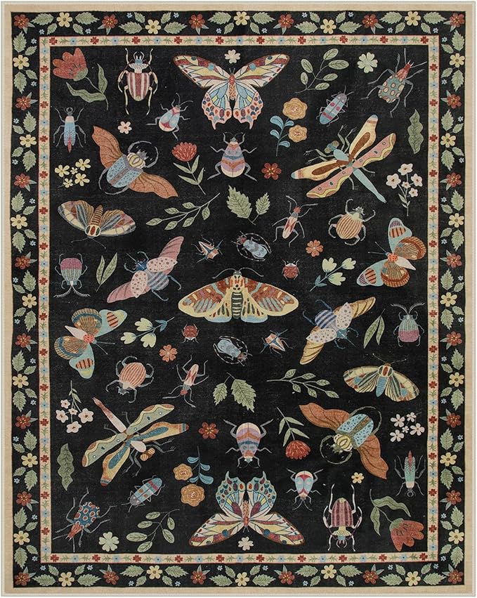 Lahome Insect 9x12 Area Rugs for Living Room Bedroom, Soft Washable Rugs 9x12 Stain Resistant, Ultra-Thin Non-Slip Non-Shedding Accent Carpet for Dining Room Office, Black
