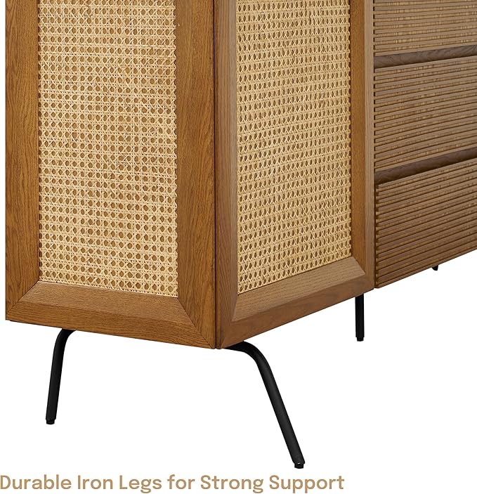 NTC MOSSIC Large Sideboard with 2 Doors and 3 Drawers, Buffet Cabinet with Natural Rattan and Metal Legs, Modern Storage Cabinet for Living Room, and Hallway, Effortless Assembly - Rustic Oak