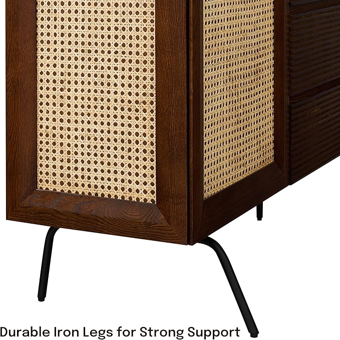 NTC MOSSIC Modern Sideboard with 4 Doors, Natural Rattan Storage Cabinet, Buffet with Metal Legs, Boho Accent Cabinet for Living Room, and Entryway, Effortless Assembly - Dark Walnut