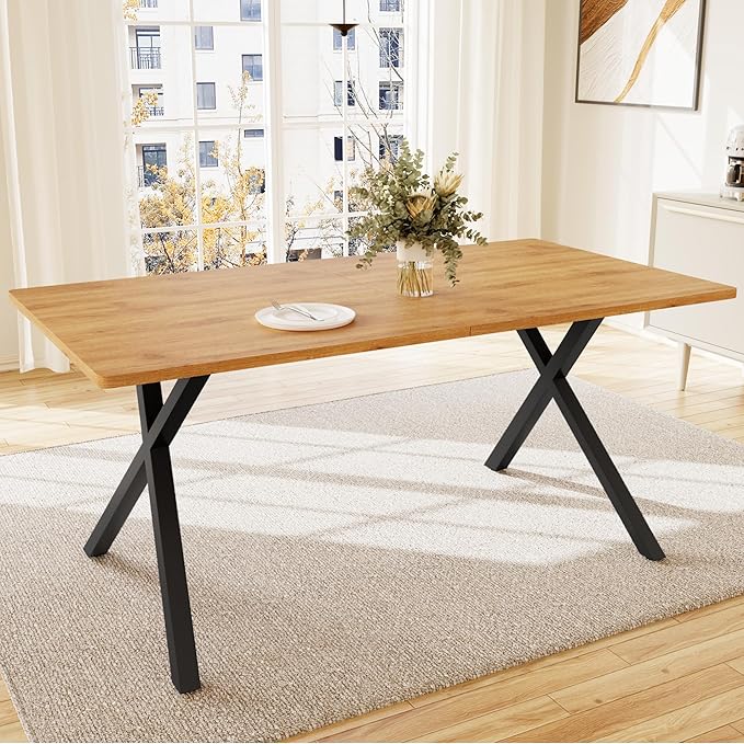 63" Modern Dining Table for 6 People, Large Rectangle Kitchen Table with X-Shaped Legs, Industrial Dining Room Furniture for Dinner, Apartment, Oak