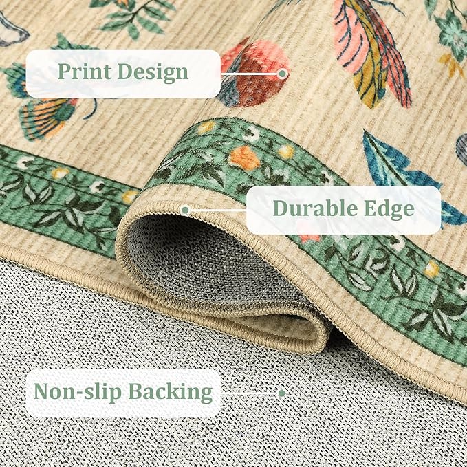 Mushroom Insect 8x10 Area Rugs, Washable Rugs for Living Room Non Slip Stain Resistant Low Pile Modern Butterfly Carpet for Bedroom Dining Room Nursery Playroom Office, Khaki Green