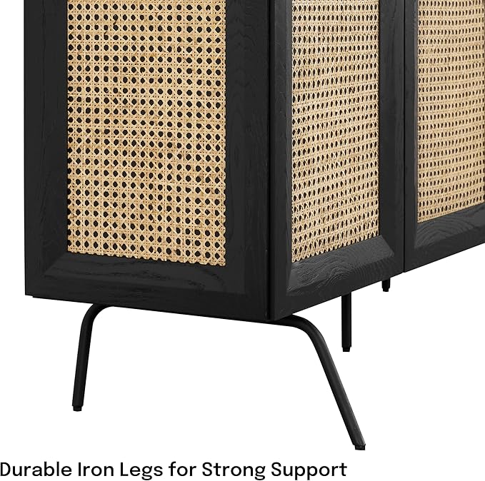 NTC MOSSIC Modern Sideboard with 3 Doors, Natural Rattan Storage Cabinet, Buffet with Metal Legs, Boho Accent Cabinet for Living Room, and Entryway, Effortless Assembly - Burnt Black