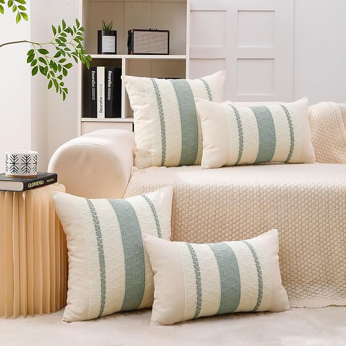 Boho Throw Pillow Covers Set of 2 Linen Farmhouse Pillow Covers 18x18,Rustic Decorative Throw Pillow Cover for Couch,Bed,Living Room (Sage Green, 20" x 20")