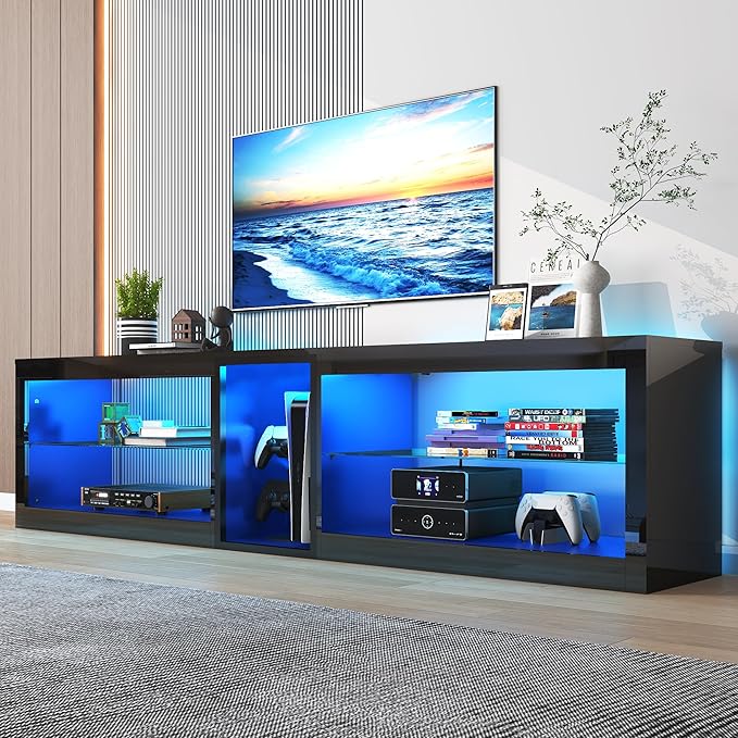 Vinctik 6&Fox 80in High Gloss LED TV Stands w/Power Outlet,60,000-Colors Lighting for 80 85 90inch TV,Modern Black LED Entertainment Center w/Adjustable Glass Shelves for Living Room