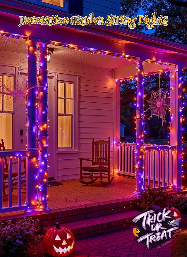 Brightown 4 Pack Solar Halloween String Lights, Total 184FT 480 LED Solar Lights Outdoor Waterproof Black Wire with 8 Modes, Solar Fairy Light for Garden Yard Patio Party Decors, Orange and Purple