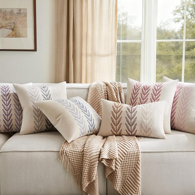 100% Cotton Farmhouse Leaves Lumbar Throw Pillow Covers Set of 2, 12x20 Inch Burgundy Pastoral Decorative Print Cushion Covers for Sofa Bed Living Room Home Decor